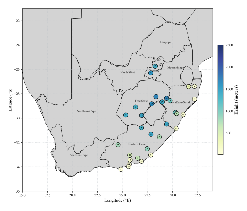 Map showing the provinces covered by the SAWS dataset with each retained weather station marked.