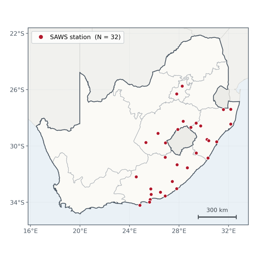 Map of South Africa with 32 weather-station markers concentrated in the eastern half of the country, across the Free State, Gauteng, KwaZulu-Natal and the Eastern Cape.